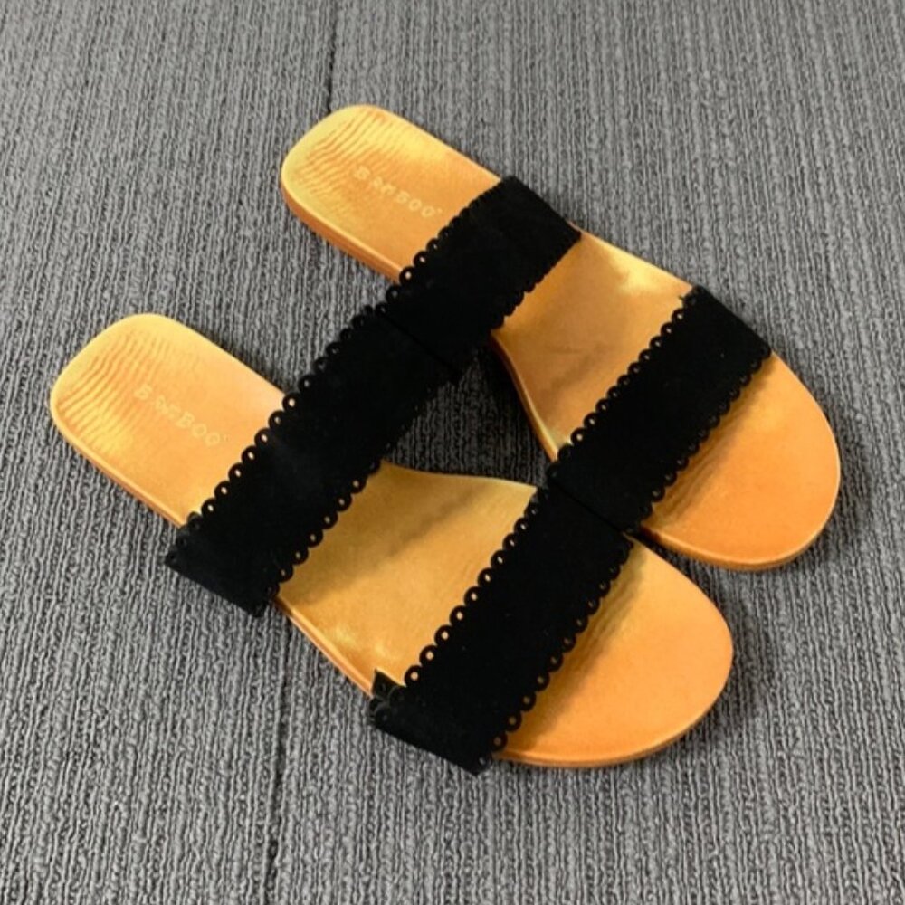 Bamboo Double Strap Sandals Womens Size 8.5 Black Faux Suede Slip on Flats